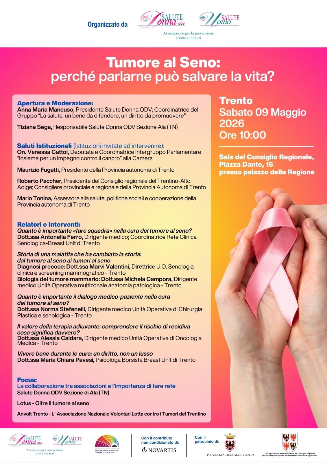 Tumore al seno: incontro aperto al pubblico a Trento sabato 9 maggio